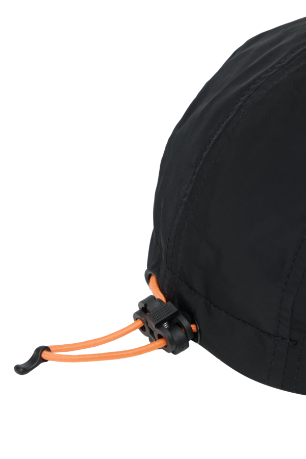 Close-up of a black cap with orange drawstrings on a white background