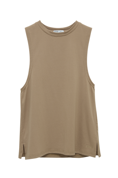 Beige sleeveless top on a white background