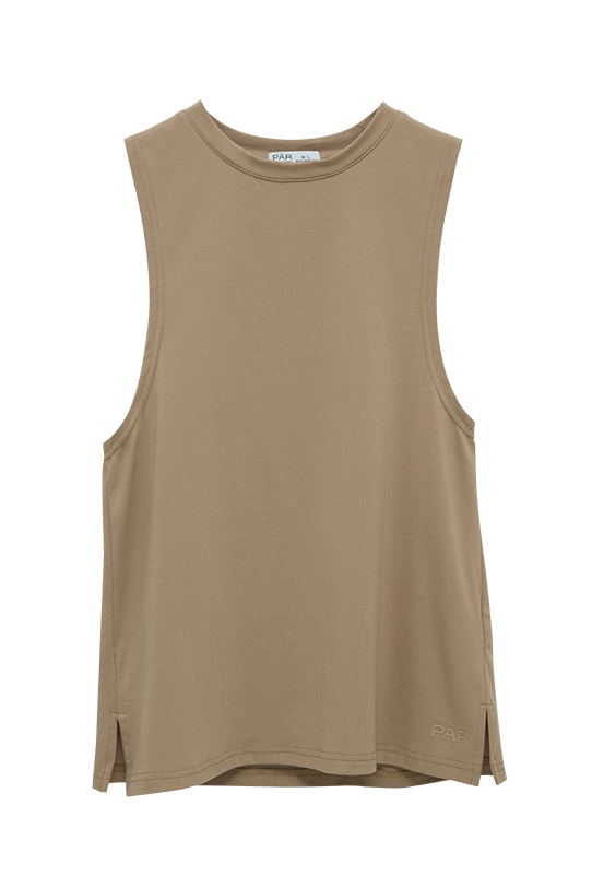 Beige sleeveless top on a white background